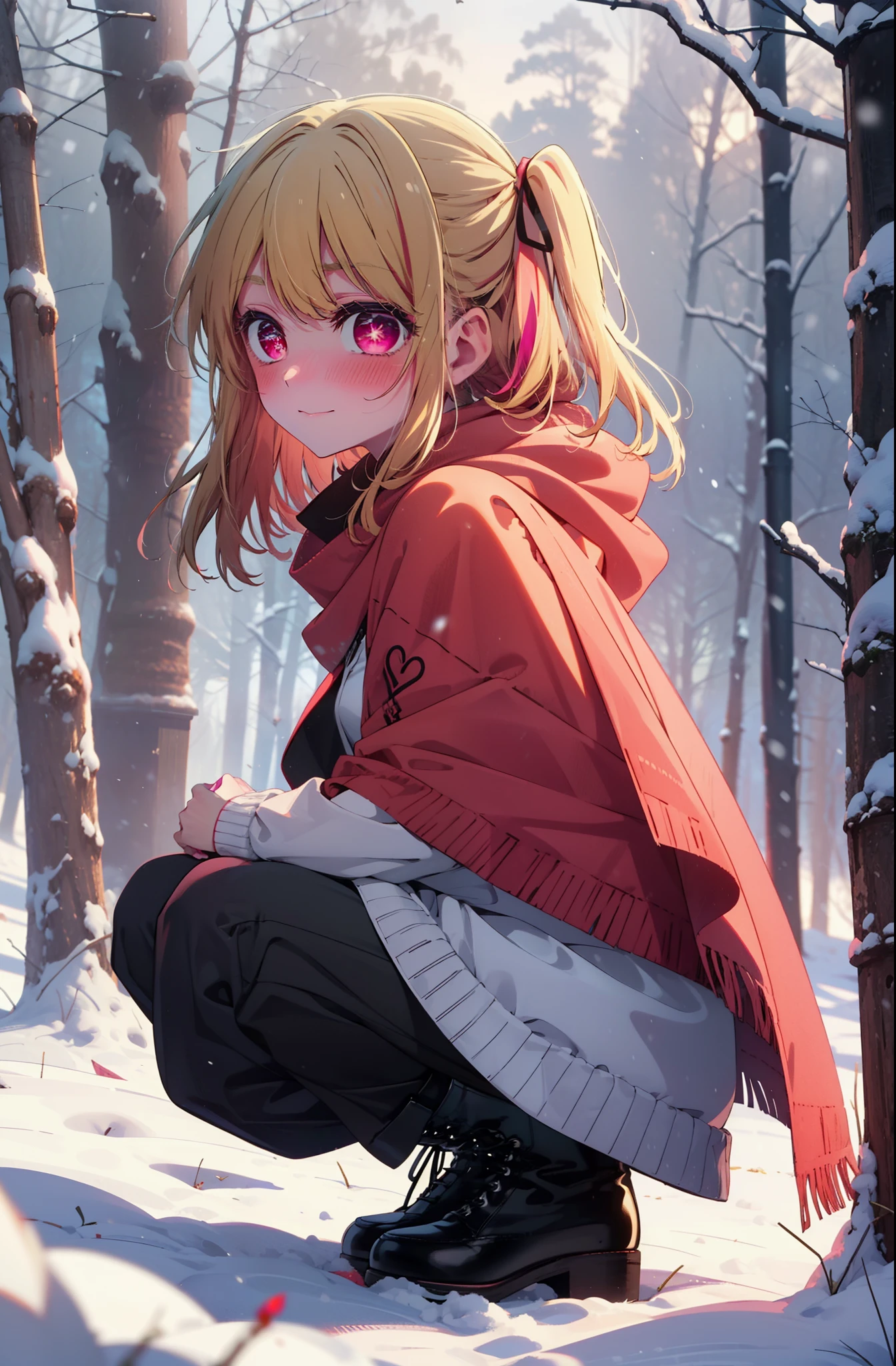 rubyhoshino, Hoshino Ruby, Long Hair, bangs, Blonde, (Pink Eyes:1.3), Side Lock, (Symbol-shaped pupil:1.5), Multicolored Hair, Two-tone hair, smile,,smile,blush,white breath,
Open your mouth,snow,Ground bonfire, Outdoor, boots, snowing, From the side, wood, suitcase, Cape, Blurred, , forest, White handbag, nature, Squat, Mouth closed, Cape, winter, Written boundary depth, Black shoes, red Cape break looking at viewer, Upper Body, whole body, break Outdoor, forest, nature, break (masterpiece:1.2), Highest quality, High resolution, unity 8k wallpaper, (shape:0.8), (Beautiful and beautiful eyes:1.6), Highly detailed face, Perfect lighting, Highly detailed CG, (Perfect hands, Perfect Anatomy),