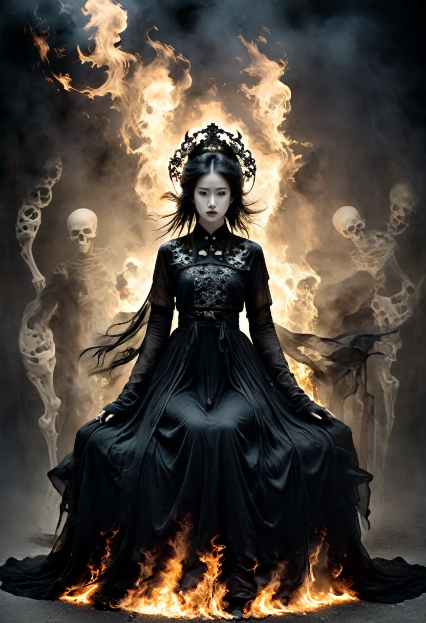 The picture is symmetrical, Symmetrical artistic double exposure style, Volumetric Lighting, Lean forward,light depth, Dramatic atmospheric lighting, Volumetric Lighting, Ghosting effect, Image combination,
(Practical, photoPractical),The girl sits on the throne, and Black flames spread around her from the center
(Black:1.2)
The girl is wearing a Hanfu made up of Black ghosts and skeletons. The Black ghosts and skeletons surround the girl, with Black flames burning and ghosts all around.