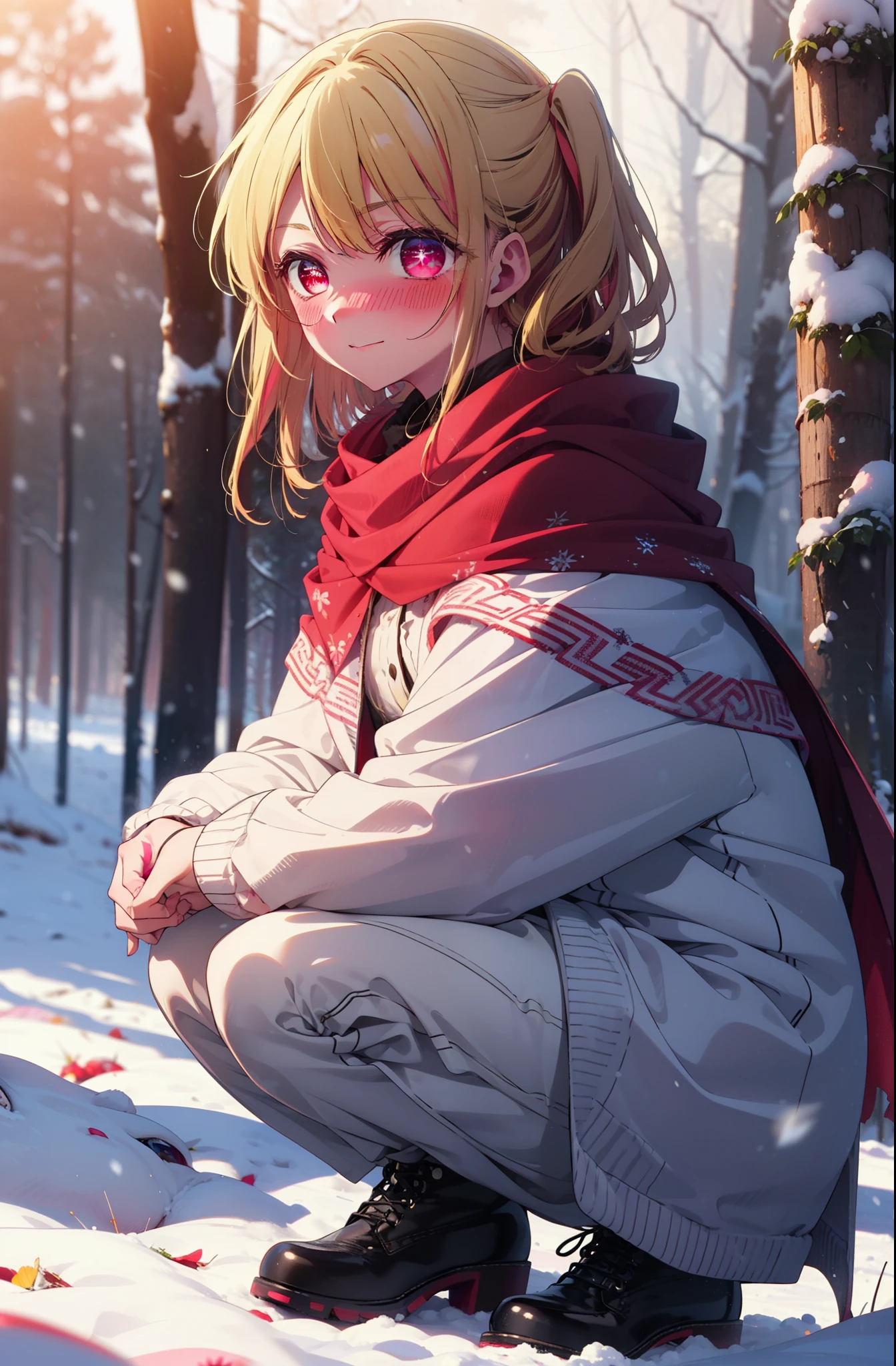 rubyhoshino, Hoshino Ruby, Long Hair, bangs, Blonde, (Pink Eyes:1.3), Side Lock, (Symbol-shaped pupil:1.5), Multicolored Hair, Two-tone hair, smile,,smile,blush,white breath,
Open your mouth,snow,Ground bonfire, Outdoor, boots, snowing, From the side, wood, suitcase, Cape, Blurred, , forest, White handbag, nature,  Squat, Mouth closed, Cape, winter, Written boundary depth, Black shoes, red Cape break looking at viewer, Upper Body, whole body, break Outdoor, forest, nature, break (masterpiece:1.2), Highest quality, High resolution, unity 8k wallpaper, (shape:0.8), (Beautiful and beautiful eyes:1.6), Highly detailed face, Perfect lighting, Highly detailed CG, (Perfect hands, Perfect Anatomy),