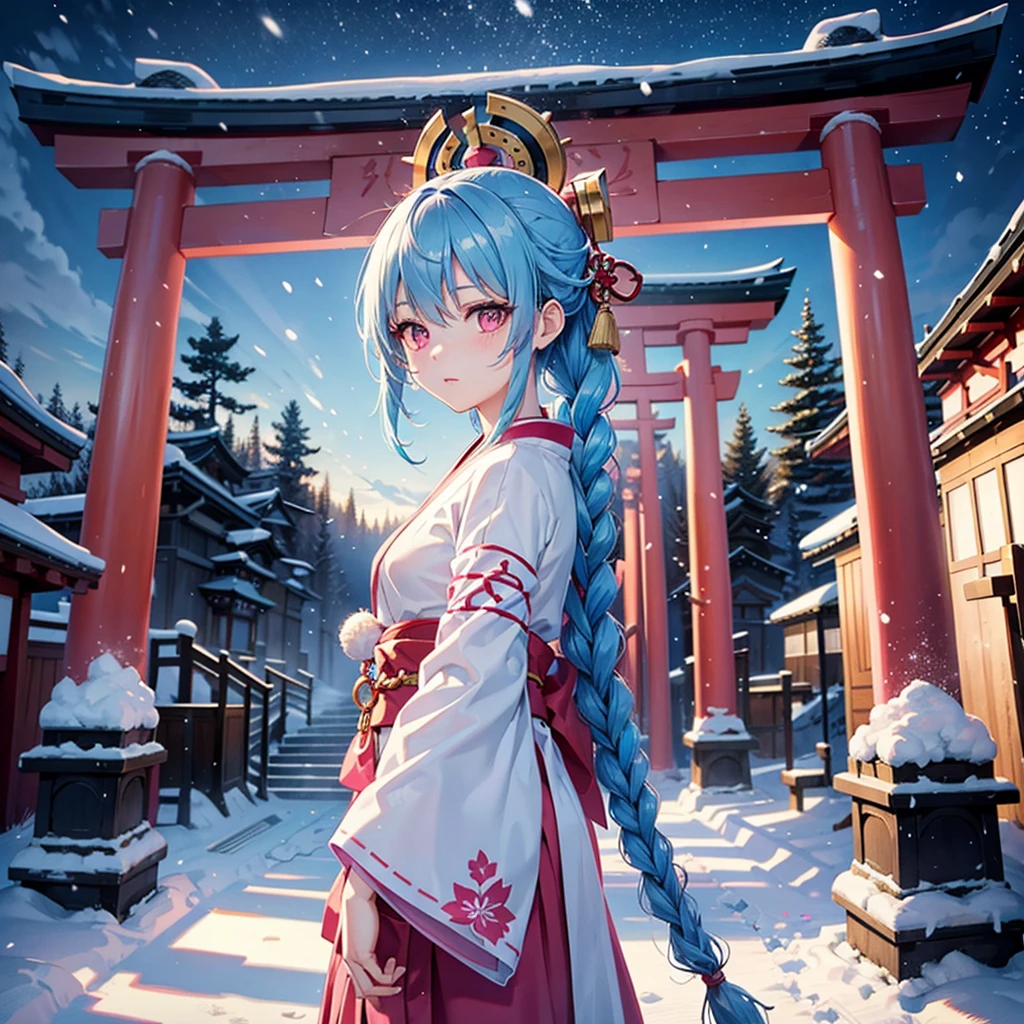 (Tying her sky blue hair into a single braid),(Pink Eyes),Fair skin,whole body,alone,Snowy Night,Drawing a fortune at a temple,torii,Shrine maiden、masterpiece, Highest quality, Very detailed, Best Shadow,Detailed Background,Beautifully detailed face,High Contrast,Best lighting, Very delicate and beautiful,Cinematic Light,Hyper Detail,8k,Dramatic Light,Exquisite detail,