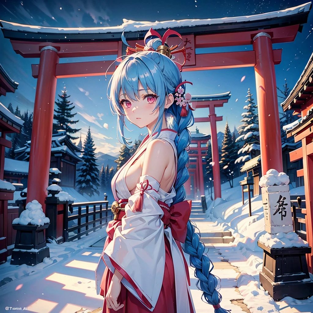 (Tying her sky blue hair into a single braid),(Pink Eyes),Fair skin,whole body,alone,Snowy Night,Drawing a fortune at a temple,torii,Shrine maiden、masterpiece, Highest quality, Very detailed, Best Shadow,Detailed Background,Beautifully detailed face,High Contrast,Best lighting, Very delicate and beautiful,Cinematic Light,Hyper Detail,8k,Dramatic Light,Exquisite detail,
