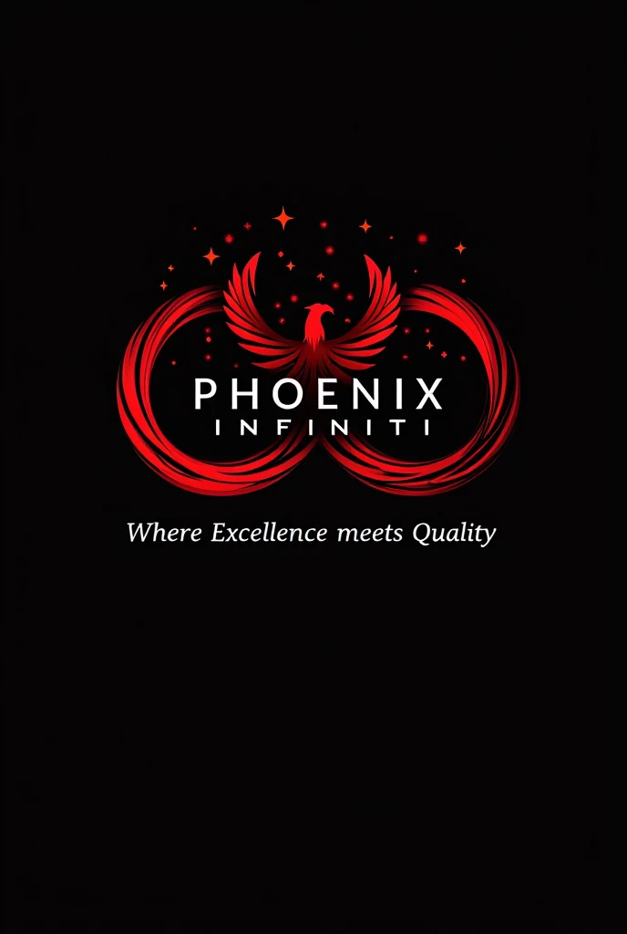 Phoenix bird + infinity symbol logo in red and black combo, merge phoenix bird and infinity symbol, include only 9 stars one around the bird , and include the name PHOENIX in capitals and in modern font and INFINITI in smaller font than Phoenix, place it infiniti word right below PHOENIX, and add a tagline Where Excellence meets Quality , create everything to set as a DP for whatsapp