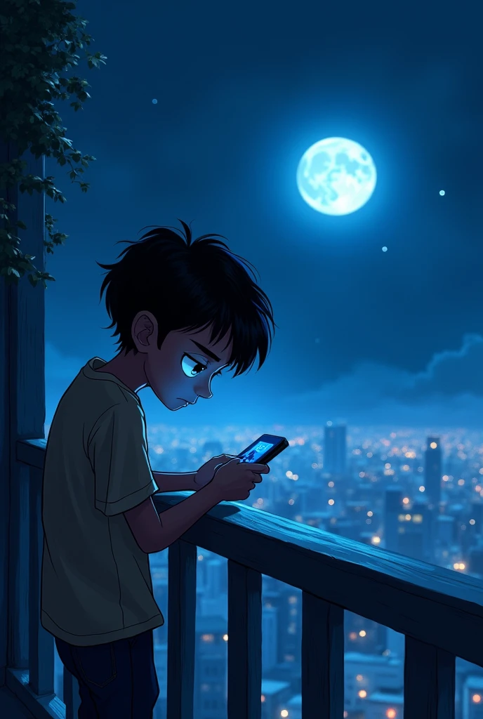 Create a anime landscape image. A chibi-style anime and comic book illustration featuring a melancholic Indian male leaning over the balustrade of a dark, moonlit balcony. The Indian male is with a sleek, futuristic smartphone – its illuminated screen casting blue light onto his disheartened face as he remains lost in thought. A faint mist hangs over the cityscape below, lending a somber atmosphere stacked with anxiety, sorrow, and the subtle remnants of romance. The symphony of sympathetic links webbing this illustrated tale through vibrant ink accentuated by prismatic glass shatter effects makes for a provocative scene.