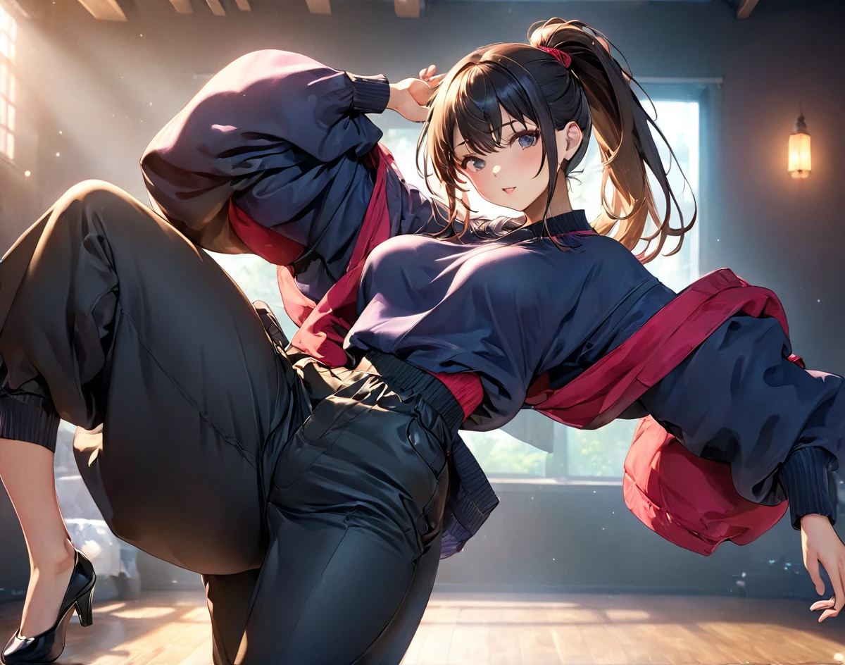 masterpiece、Highest quality、Highest quality、Detailed Description、beautiful、dynamic、art、young woman、ponytail、dynamic、Energetic、dance、Oversized tops、Pants Style、danceステージ、4K Graphics、