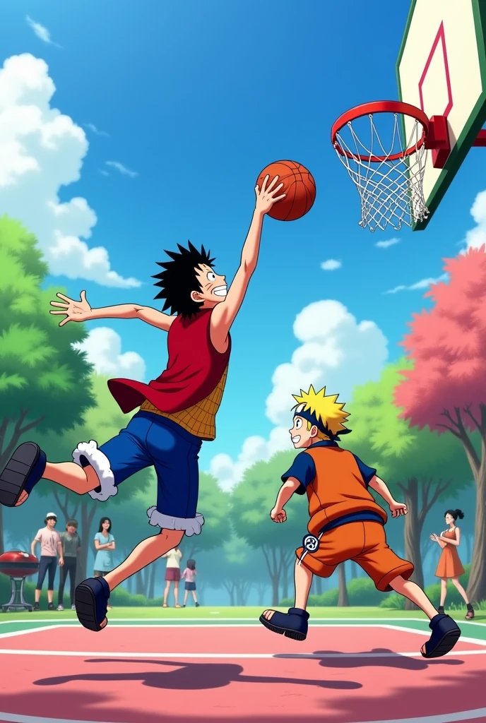 Create an image of Luffy playing basketball with Naruto 