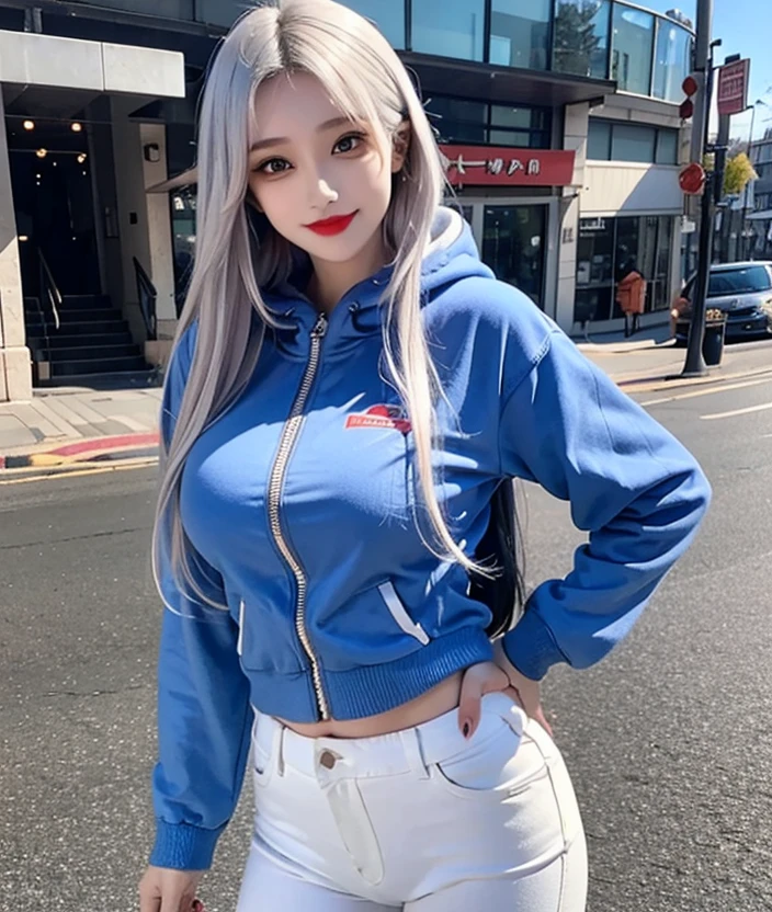 Woman blue hoodie jacket, black thick pant, red lipstick, makeup face, white hair, skinny pant, smile, not Ewaraj,