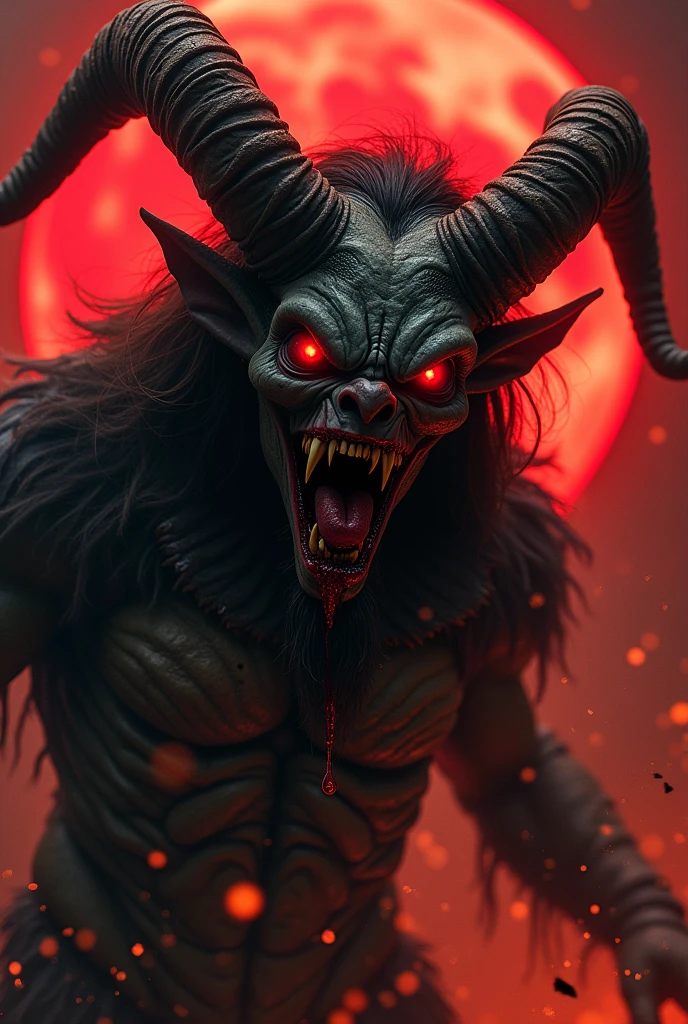 Close up, Krampus,Christmas,darker,4K,Evil, creepy monster in an infernal scenario, close up, dark ominous atmosphere, ultra detailed, photorealistic, cinematic.Old man, brunette hairs, full body, extremely detailed face,4k, masterpiece, trenchcoat, ((demon horns)), pointy ears, beast face, sharp pointy teeth, (((bloody mouth))), open mouth, red moon in background, Close-up ( Evil clown from it in Goth style: 1.3) emerging from blood, extremely detailed, emerging from The One Piece show, sparks, metal shavings, flying debris, volumetric light