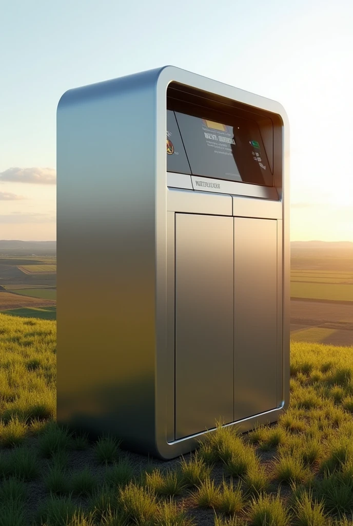 a smart trash can, with compartments, It has a rectangular shape, therefore, very large in silver color and made of steel with acrylic, made for outdoor environments only, therefore, staying in the place of the landfills, it has a display and a control sensor. Que ela seja bem realista e seja lots, lots, lots grande e esteja em areas rurais