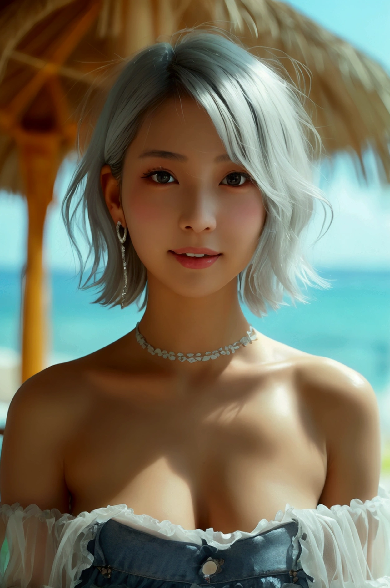 (8k, Realistic, RAW Photos, Highest quality: 1.4, detailed),A Japanese idol-like beautiful girl,1 person,18-year-old,(Short Bob),(Silver Hair :1.1),She has her hair tucked behind her ears,Large, clear gray eyes,Long eyelashes,(piercings(small)),(Lip gloss),lips(Plump,glossy),Skin that is as white and smooth as translucent porcelain,thin long neck,Breast of beautiful shape,thin abdomen,A taut waist,Upward hips,Off-the-shoulder tops(Frills,Sheer lace),Denim shorts,shoes,Tropical resort,Seaside Cafe,Looking at the camera and smiling gently,Front view,Full body portrait