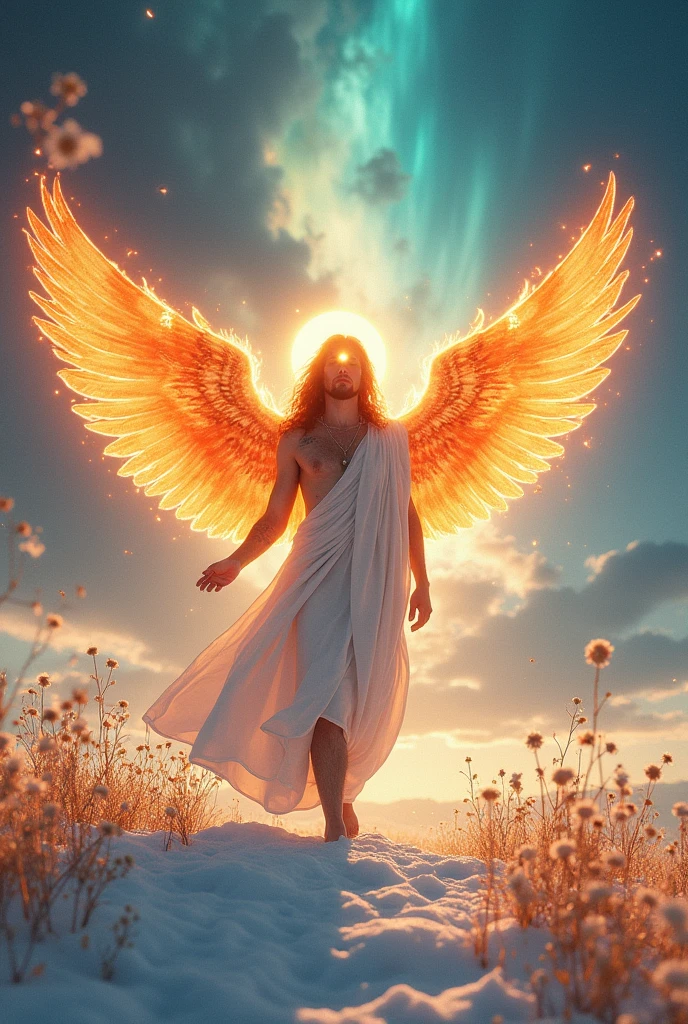 (photorealism:1.2), burning silhouette, wearing white toga, with angel halo and wings, with third eye on the forehead, in the snow, psychedelic sky, flower in background, levitating, realistic, intricate details, bright colors.