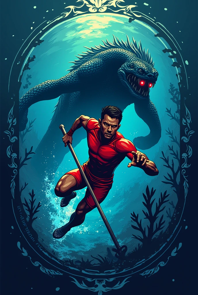 Create football club logo for football club name Natives of man melanisean man free diving with spear in hand wearing red swim suit in the deep blue see while a sea mo ster is looking from the background that is unclear but the eyes are shining