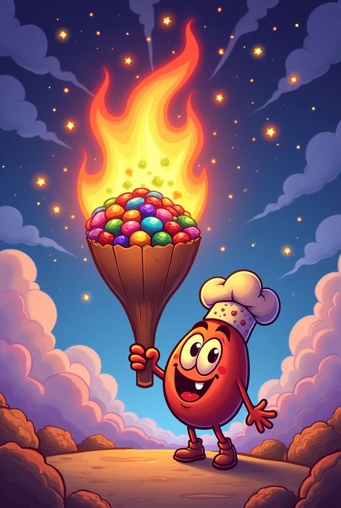 Torch of fire made from cadbury gems in cartoon illustration way