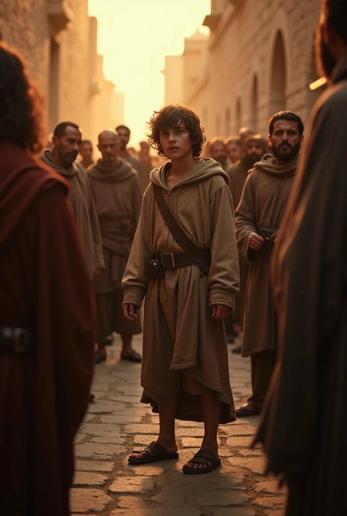 peter (biblical character) being cowardly in the face of the men who ask him if he knows Jesus, and he says he doesn't know.
a feição de peter, It's very scary, peter é jovem nesse contexto, medium-haired, cerca de 1,70m, Your clothes are a bit worn, and the setting is in Jerusalem at dawn
and the men's faces are evil.