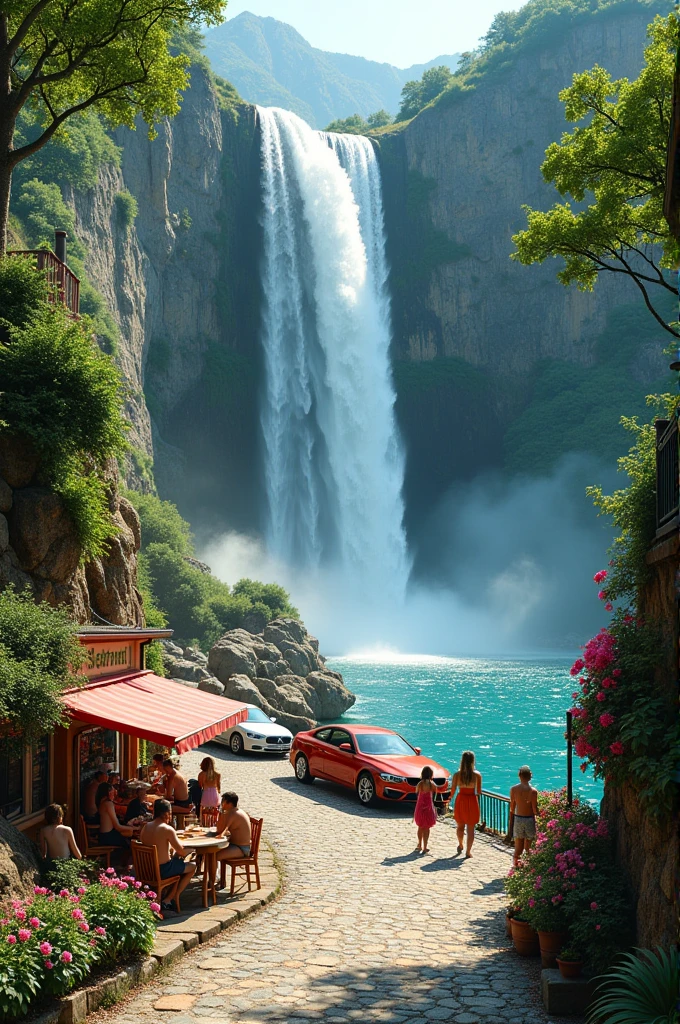 A beautiful waterfall. His cars are parked on the side while some tourists are enjoying the water below. There are 5 food shops in the neighborhood. Some tourists are eating outside while some tourists are walking in the side area