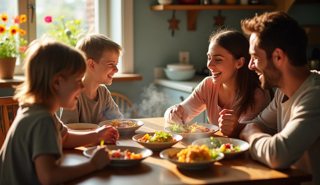 Ultra realistic happy family talking while having the meal.