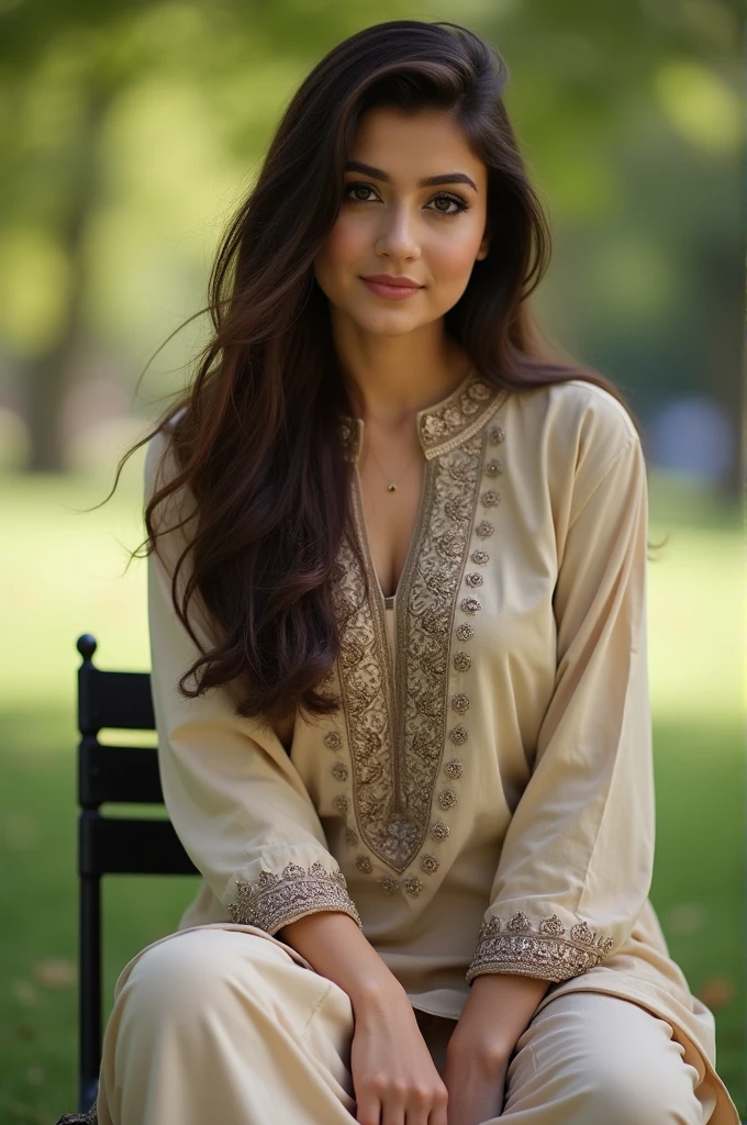 Beautiful Pakistani 20 year old girl brown hair black eyes cute glowing face tight shalwar kameez full body in park background blur boobs tight beautiful feet sitting chair