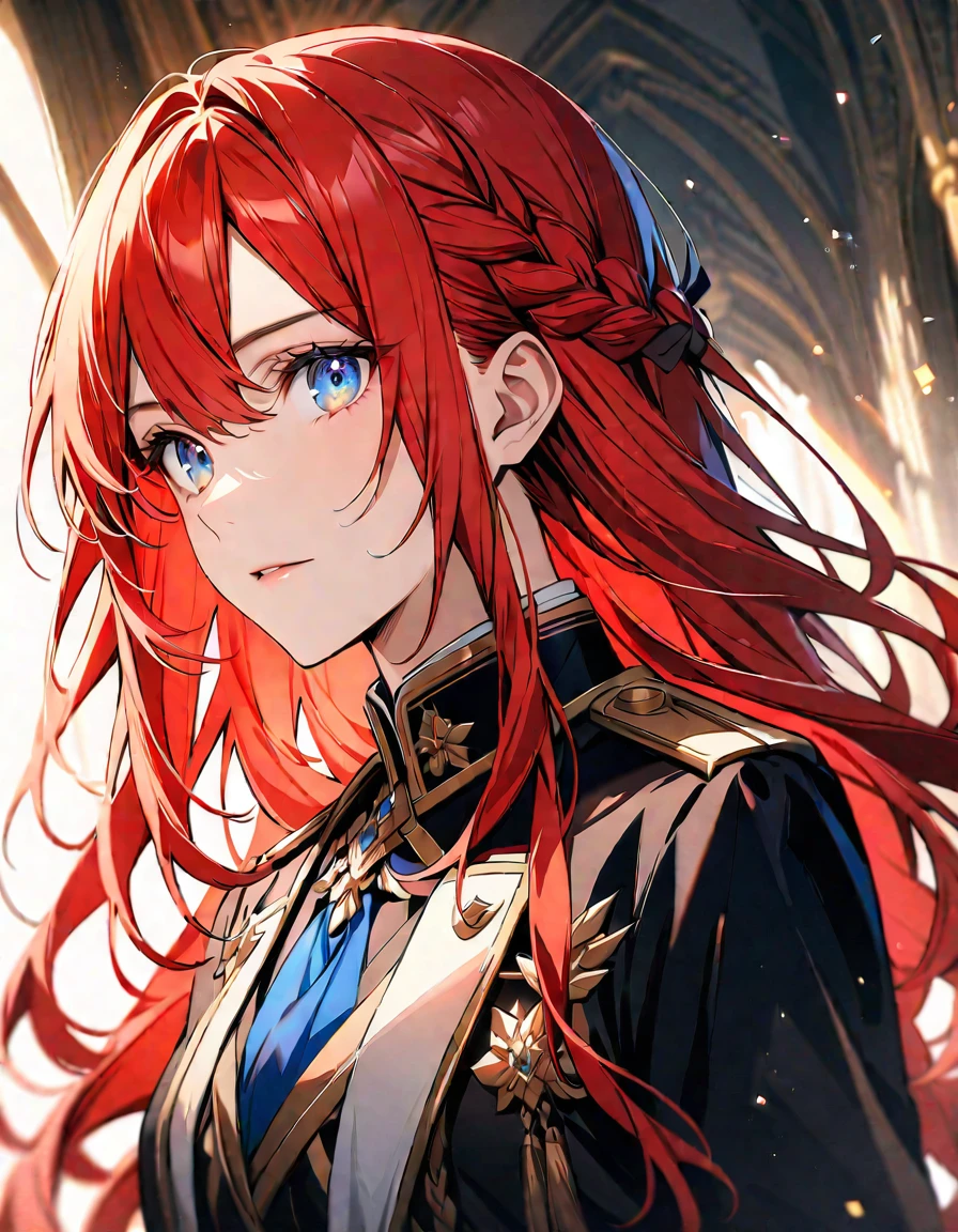 (Highest quality), (Very detailed),so beautiful, female, red hair, detailed blue eyes, handsome, noble uniform, beautiful detailed eyes, long hair, half braided hair