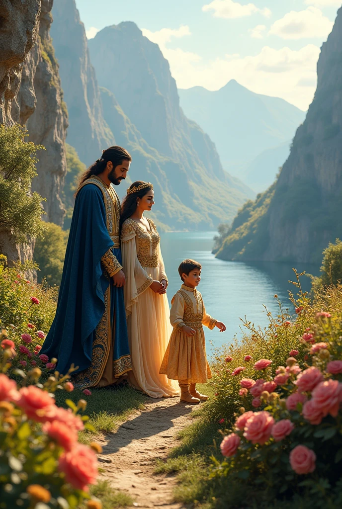 ### **Scene 1: The Kingdom and the Royal Family**
**Setting:** The kingdom surrounded by tall mountains and vast rivers.
- **Adjectives:** Majestic, serene
- **Verbs:** Reigning, nurturing
- **Description:** The kingdom is bathed in soft sunlight, with the royal castle standing tall against the backdrop of towering mountains and flowing rivers. King Amara and Queen Lila are depicted in regal attire, standing on the castle balcony, lovingly watching over their young son, Prince Samir, who plays with a golden ball in the castle gardens.