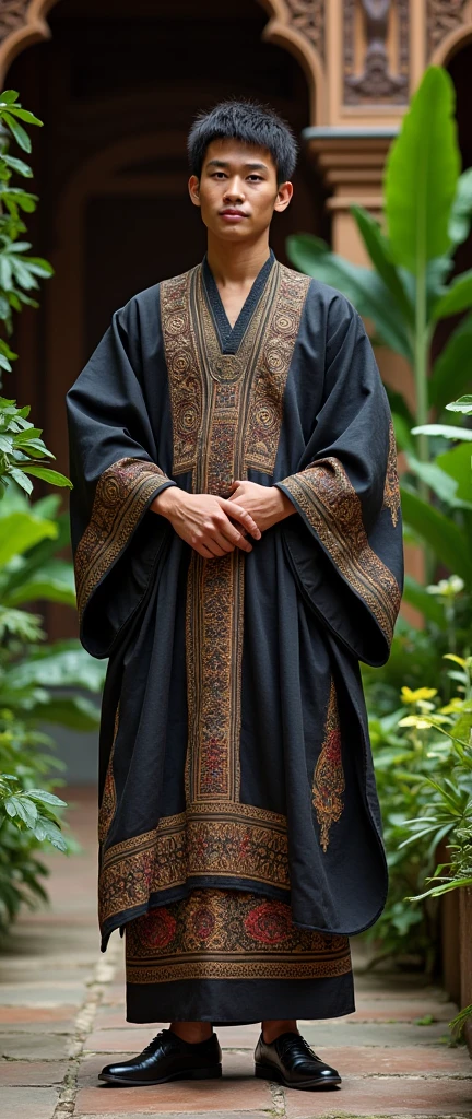 (photorealism:1.2), handsome Indonesian man standing wearing traditional clothes of central Java, white skinned, full body, black shoes