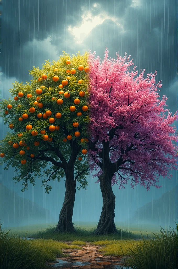 Create a wonderful image of tree , tree is full covered with oranges and next tree is full covered with beautiful flowers and a heavy rain seen in the image