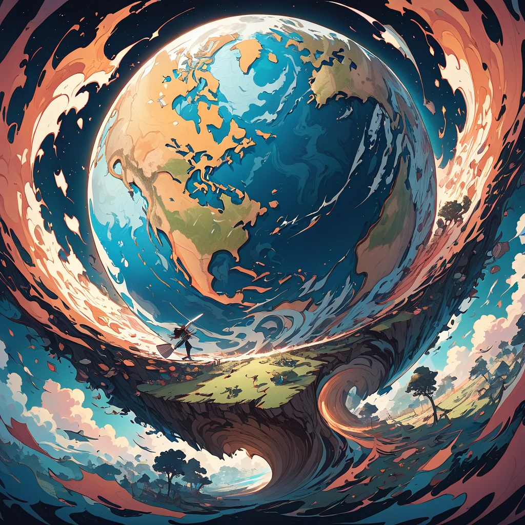 Cut the Earth vertically into slices,Slicing the Earth into thin pieces,Illustration style