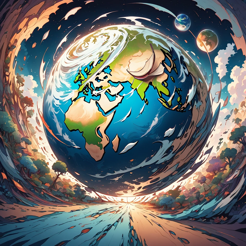 Cut the Earth vertically into slices，Slicing the Earth into thin pieces，Illustration style