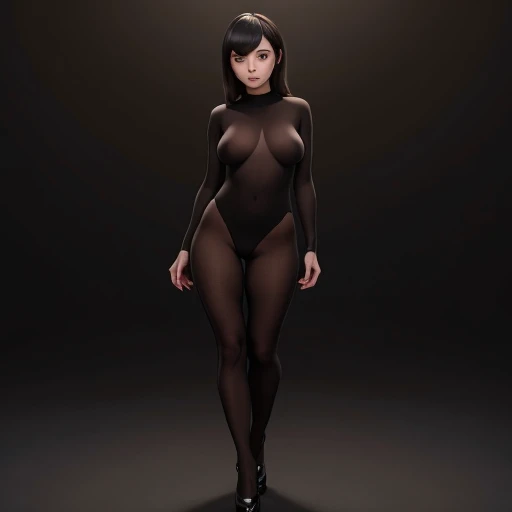 Nena pechugona sexy  full body portrait ,bodysuit negro ajustado al cuerpo,  de cuero high resolution 12k gotich makeup 