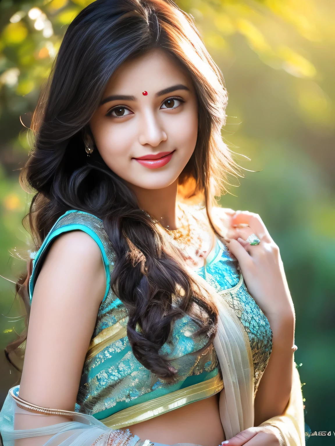 8K, ultra high detailed, an indian girl, cute face, happy, long hair, impressive hairstyle, detailed eyes, detailed lips, indian clothes, saree, gray saree, lace, wearing jewellery, nature background, flowers, morning, shadow, clear weather, whole body capture,