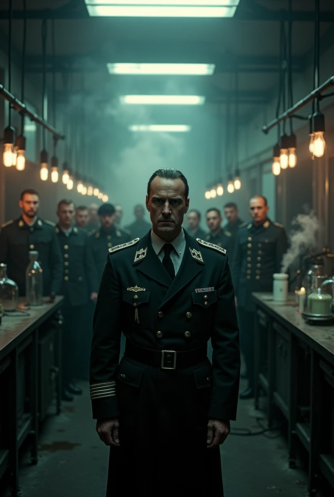 Create a Nazi scientist villain with cruel expressions alongside soldiers in the laboratory