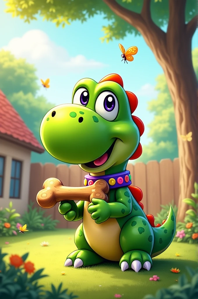Yoshi the dinosaur dog with a dog collar had a bone to chew.