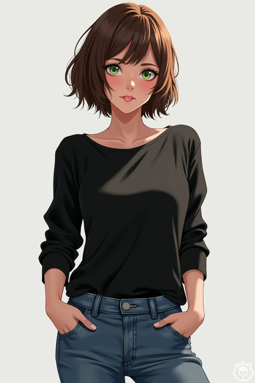 anime character of a woman with a black shirt longsleeve and blue jeans, short brown hair, neck length, green eyes, a digital painting inspired by Tomer Hanuka, trending on pixiv, serial art, heavy gesture style closeup, full body details, wearing casual clothes, style anime, anime style hyper detailed, anime style character, striking detailed artstyle, realistic artstyle, clean detailed anime style, modern anime style, Brown Hair