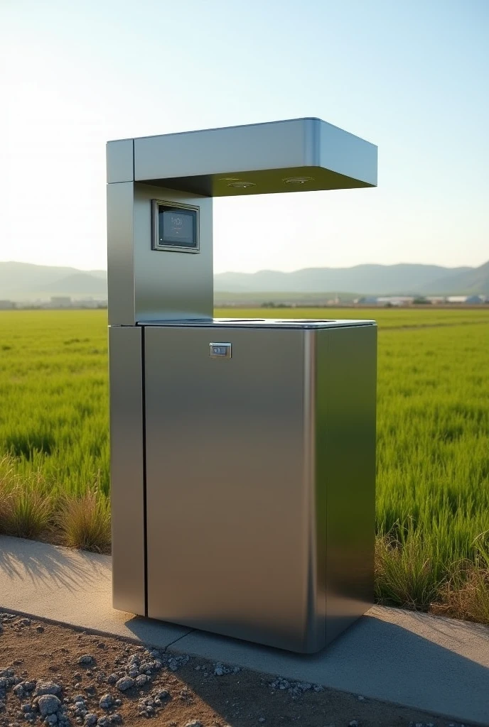 a smart trash can, with compartments, It has a rectangular shape, therefore, very large in silver color and e of steel with acrylic, mador outdoor environments only, therefore, staying in the place of the landfills, it has a display and a control sensor. Que ela seja bem realista e seja lots, lots, lots grande e esteja num ambiente rural