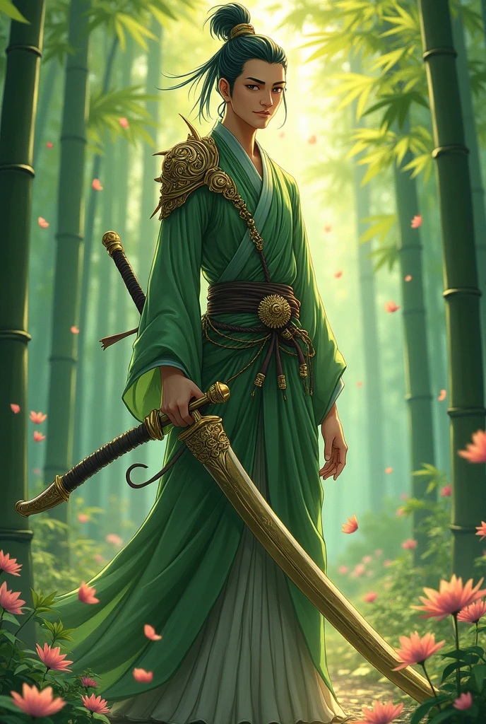 An anime bamboo man holding a gold and black sword.