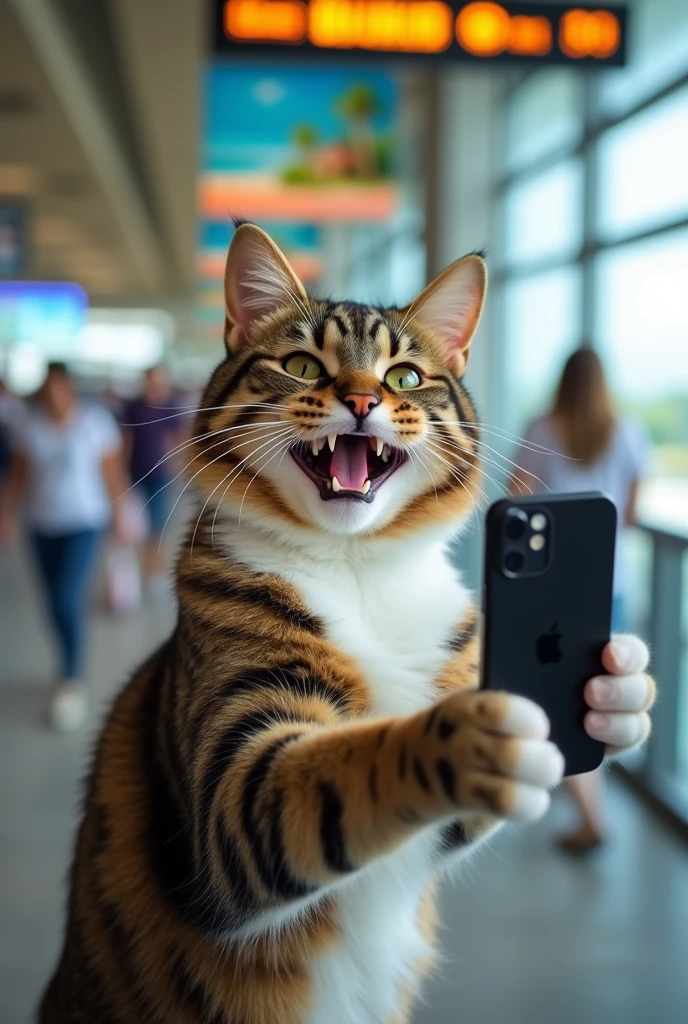 A short-haired brown and dark black tabby cat, with a white chest and both front paws. He's taking a selfie with an iPhone 15 in front of the airport gate heading to the Maldives and he's very happy to be going on vacation.
