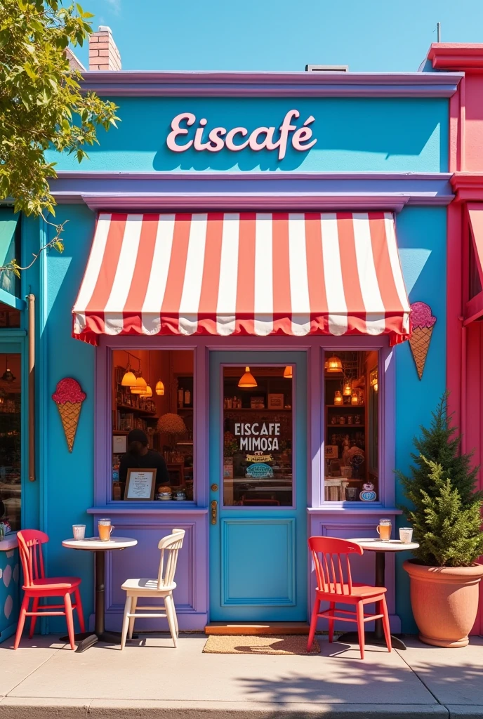 Create an image of an ice cream parlor with the name EISCAFE MIMOSA on it. Use the colors blue, red, and purple.