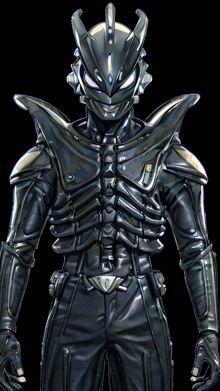 (8k),(masterpiece),(Japanese),(8-year-old boy),((innocent look)),((Childish)),From the front,smile,cute,Innocent,Kind eyes,Flat chest, black helmet, black domino mask, white mask, Alien, short,Black Hair,night,dark, Neon light cyberpunk city,allultraman,