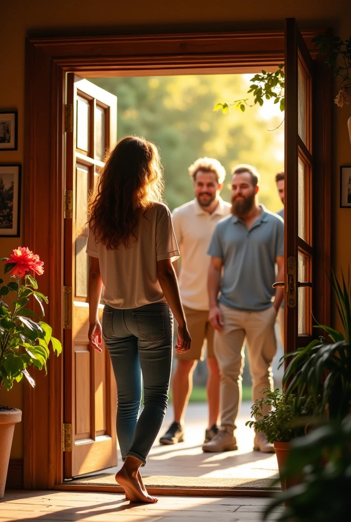 House Entrance: A woman opens the door to her husband's four male friends., everyone smiling as they stand in the entrance of a well-lit and welcoming home.