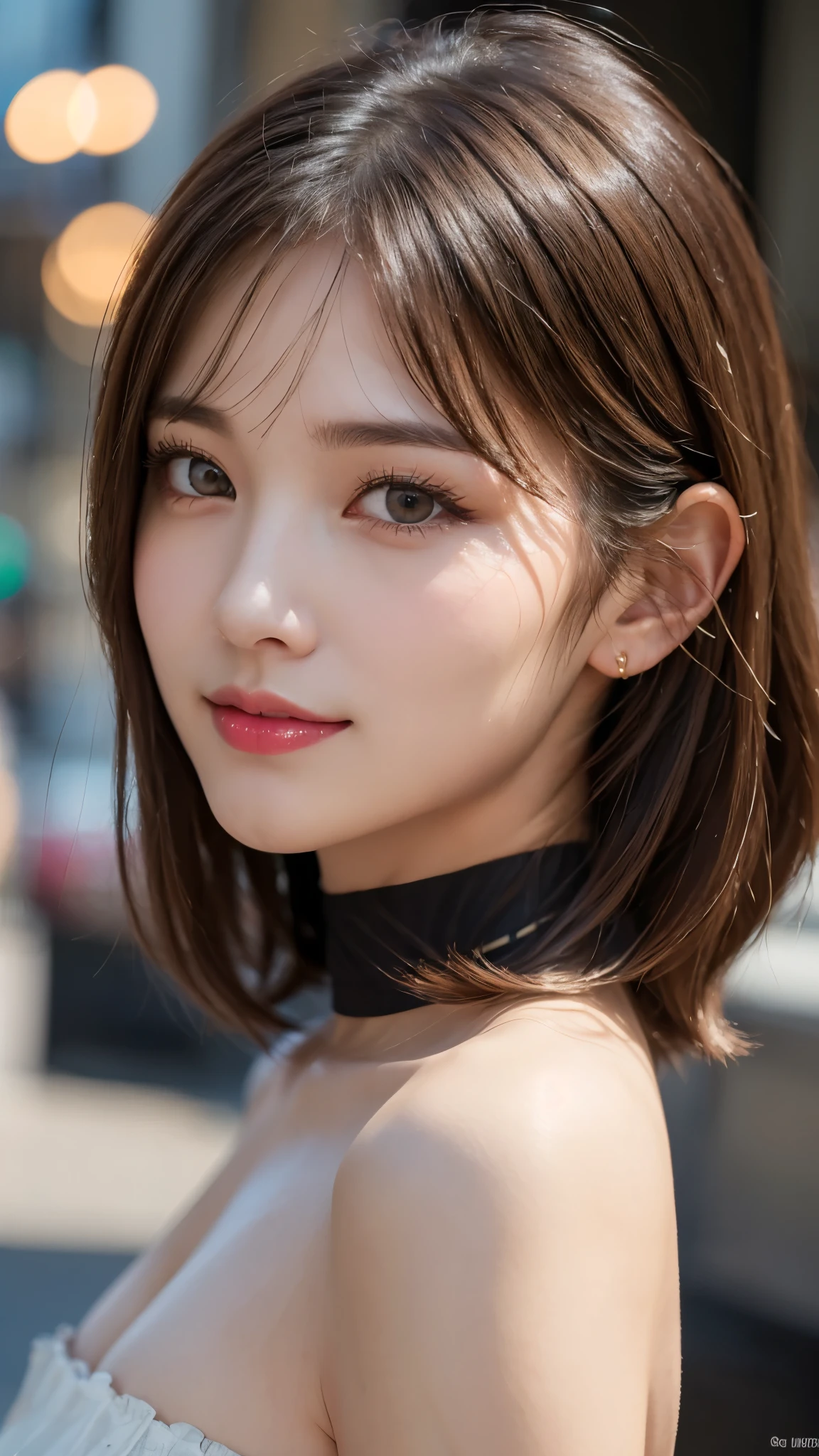 (masterpiece:1.3), (16k, photorealistic, RAW photo, best quality: 1.4),absurdres, attractive, ultra high resolution, ultra realistic, highly detailed, golden ratio, ultra detailed, super fucking beautiful detailed face, natural makeup, detailed cloth texture, detailed hair texture, beautiful detailed fullbody, Perfect female body, accurate, Anatomically correct, Highly detailed face and skin texture, (beautiful hands), (realistic skin), (beautiful pale skin:1.1), (Perfect dynamic composition, looking at viewer, full body shot),
BREAK,
realistic eyes, beautiful detailed eyes, symmetric eyes, Light Brown eyes, Double eyelids, Thin eyebrows, (Glossy lips:1.4), ((A face with waiting for a kiss, Seductive smile:1.2)), (weat skin, blush:1.1),
BREAK,
((short hair, bob, Dark blonde hair, bangs:1.2)), (Daytime, Standing on the town:1.3), (Peplum top, Tulip skirt, Choker, Derby hat)
