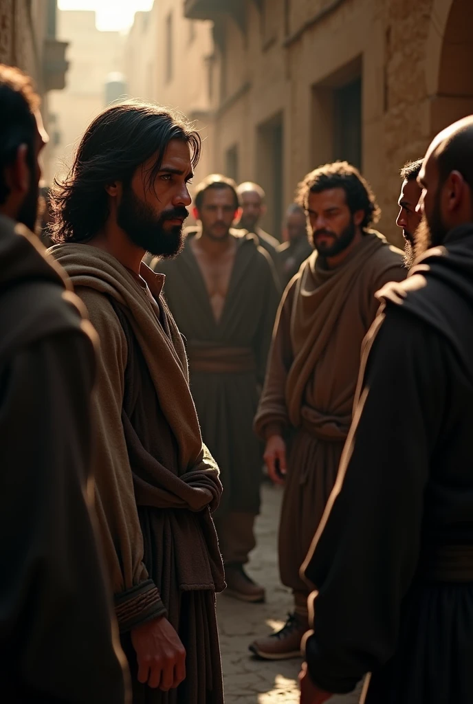 peter (biblical character) being cowardly in the face of the men who ask him if he knows Jesus, and he says he doesn't know.
a feição de peter, It's very scary, peter é adulto, it is strong. Nesse contexto, medium-haired, cerca de 1,70m, Your clothes are a bit worn, and the setting is in Jerusalem at dawn
and the men's faces are evil.