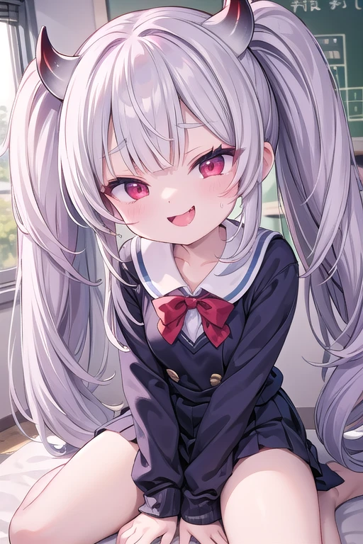 solo、wearing a school uniform, Whole body、Young face、long silver Hair、long Twin tails、Spoiled brat、Immature body、（Small breasts）、smile、Sweat、（Thick thighs:1.5)、（little demon horns and tail）、red  eyes、Backwards、looking at viewer、Open mouth、double teeth、fang、blushing and sticking out her cute tongue, tongue out、sensational、Back view, Character portrait, spread eagle position、M-shaped leg spread、(School classroom)