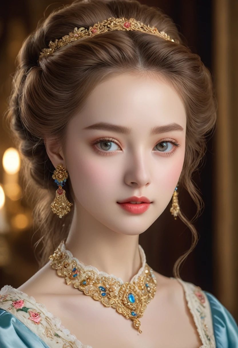(best quality,4K,8K,high resolution,masterpiece:1.2),Extremely detailed,(Practical,photoPractical,photo-Practical:1.37),portrait,,Pastel,personalized masterpiece,18th century,Russian,noble,girl,noble Daughter,,Extremely beautiful,Face,Expressive eyes,Delicate nose,Sweet mouth,Porcelain skin,红扑扑的Face,flowing curls,Silk dress,solemn gesture,Fine Jewelry,Embroidered lace collar,Grand Background,Rich interior,Faint golden light