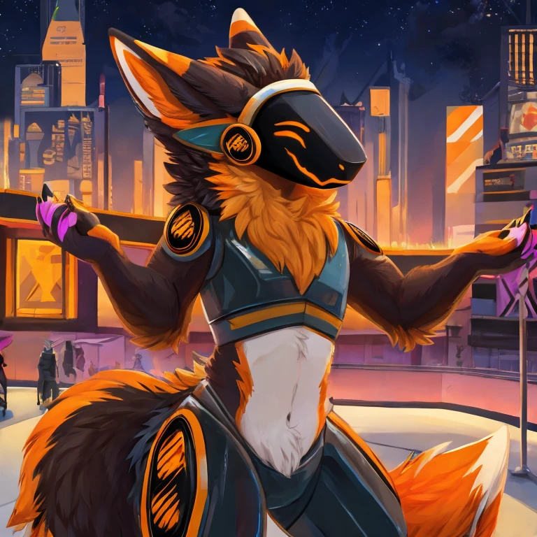 Protogen with orange and black fur, eyes color orange, protogen face 1:1, protogen expression happy to audience, background modern city,