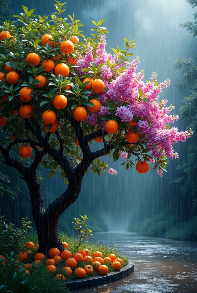 Create a wonderful image of  tree , tree is full covered with oranges and next tree is full covered with beautiful flowers and a heavy rain seen in the image 