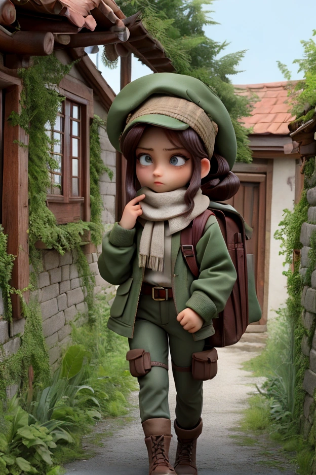 "Create a 3D Pixar-style image of a woman named Dr. Clara Müller, a historian and expert in local cultures, exploring an abandoned village in Germany's Black Forest.
- **Appearance:**
- **Age:** A young adult (in her twenties or early thirties).
- **Face:** Serious and focused expression, with fine features and a determined attitude.
- **Hair:** Light brown, tied back in a practical ponytail for exploring.
- **Clothing:** Functional hiking outfit: a dark green waterproof jacket, grey cargo pants, and brown hiking boots. Include a sturdy backpack and a scarf or hiking hat.
- **Accessories:** A camera slung over her shoulder, a notebook held in one hand, a flashlight clipped to her belt, and a GPS in a pocket of her backpack.
- **Environment:**
- **Location:** The abandoned village, with well-maintained houses but a mysterious and slightly disheveled appearance. Tables with meals still set and personal items scattered around should be visible in the background.
- **Atmosphere:** The mood should be both intriguing and slightly eerie. The lighting should be soft, creating shadows to enhance the mystery.
- **Style:**
- **Visuals:** 3D Pixar-style, with vibrant colors and a stylized rendering. The character should be expressive, and the environment should evoke a sense of mystery and exploration."