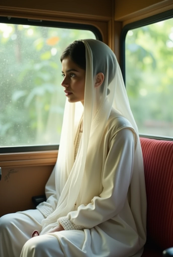One 18 years school girl sitting at the Omni van wearing traditional white color dress.dress tipy selwor churidar head cover by her white scarf looking at the left downside her nature is shy little slime body