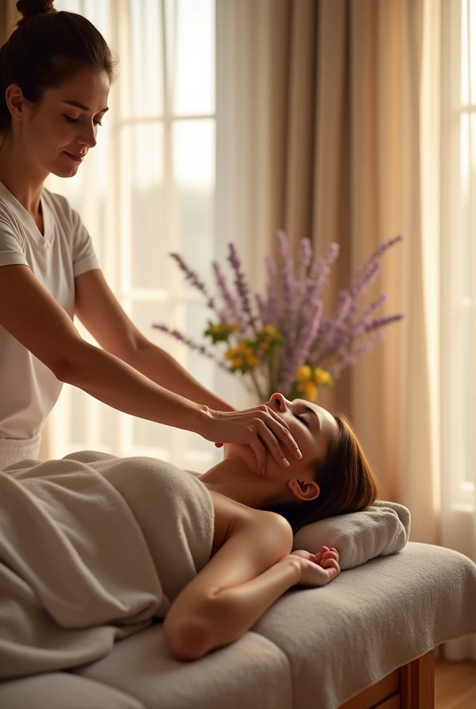 A celebrity woman relaxing and receiving a full body massage at a luxury beauty salon