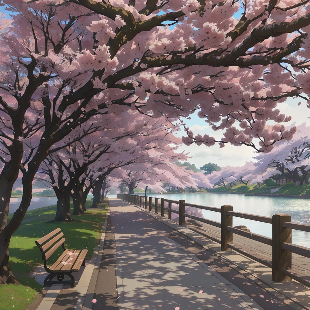 A bench stands under the tree, cherry blossom trees, Sakura trees, cherry blossom forest, beautiful anime scenery, anime beautiful world scene, lush Sakura trees, cherry blossoms, cherry trees, Cherry blossom season, beautiful anime scene, Cherry blossom season dynamic lighting, cherry blossom, 3D Virtual Landscape Painting, decorations, Landscape wallpaper aesthetics, A blossoming path to paradise