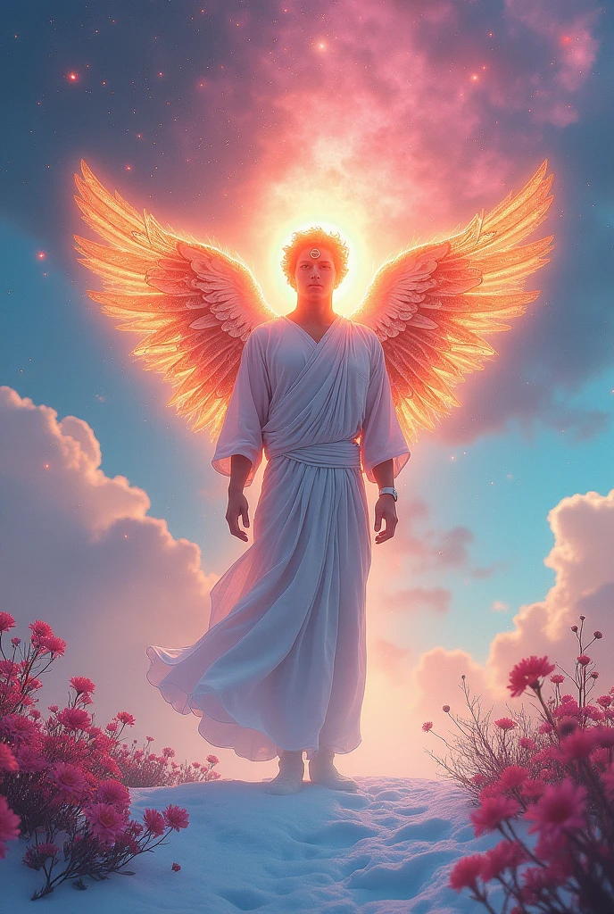 (photorealism:1.2), burning silhouette, wearing white toga, with angel halo and wings, with third eye on the forehead, in the snow, psychedelic sky, flower in background, levitating, realistic, intricate details, bright psychedelic colors.
