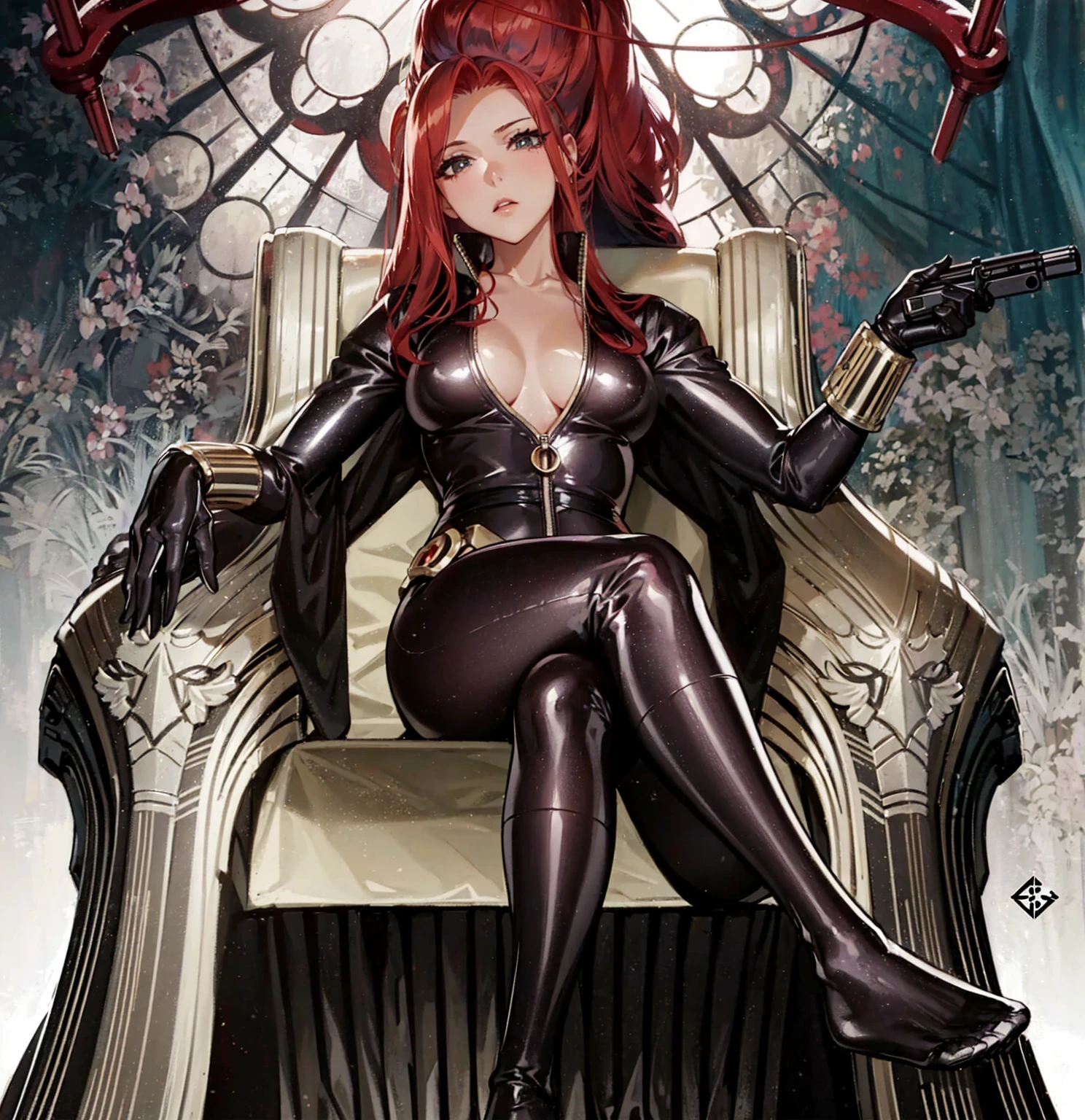 The image depicts a red-haired girl sitting on a throne. She sports a sleek skin-tight shiny black latex bodysuit with a deep-cut zipper neckline revealing a large chest, the silver zipper running down the front. The suit is complemented by her golden wrist guard on both wrists and a belt of shiny golden circles around her waist. The girl is portrayed as holding a gun in each of her hands, highlighting a sense of power and assertiveness. The backdrop consists of architectural features and the colour palette predominantly includes shades of gray.