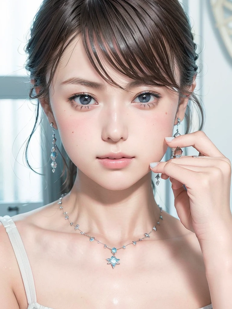 Lace Bra,(See through)、Small breasts, High Leg 1.5、(((とてもエレガントでbeautiful, Perfect detail, Very detailed))), whole body, The most detailed girl, Written boundary depth, 美しくdetailedなwhole body, Thin legs, 1 person, 30 years old, Very short hair, Spiked Hair, Gray and silver hair, beautiful detailed hair, Perfect Face, Expressionless, beautiful, detailed, Deep Eyes, Open your mouth a little, Delicate arms and hands, Pale skin, Earrings, beautiful and gorgeous necklace, Colorful background, HD background, Blurred Background, とても繊細でbeautiful, masterpiece, (((Highest quality, とてもbeautiful8K CG壁紙))), (((Trendy hairstyles))), (Inside the room,Stylish interior,window),